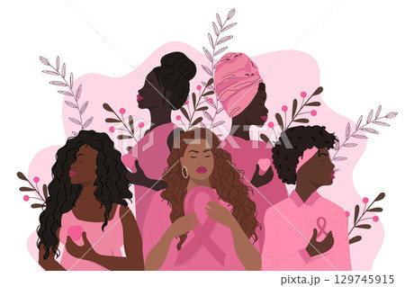 African american group of women with pink ribbon. Breast cancer awareness month banner 129745915