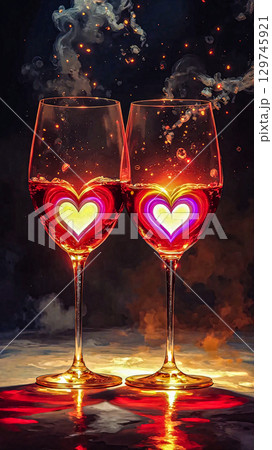 Glass goblets with bright bubbling hearts inside. In a sparkling haze, two elegant glass goblets filled with bright red liquid are decorated with bright, glowing hearts. 129745921
