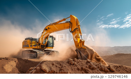 Yellow excavator digging in a dusty landscape 129746146