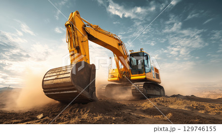 Yellow excavator working on a construction site 129746155
