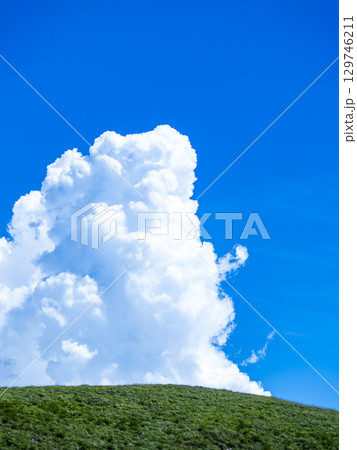 夏空にそびえる積乱雲と秋吉台の草原風景 129746211