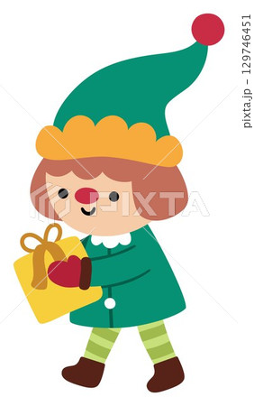 Vector cartoon Christmas elf in green hat holding present clipart. Cute new year symbol gnome illustration for kids. Winter holiday dwarf with gift icon isolated on white background 129746451