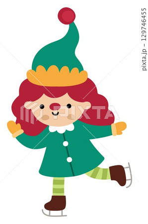 Vector cartoon Christmas ice skating elf girl in green hat clipart. Cute new year symbol gnome illustration for kids. Winter holiday dwarf icon isolated on white background 129746455
