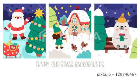 Vector vertical Christmas village landscapes set. New Year scenes collection with Santa Claus, elf, polar bear. Festive winter holiday backgrounds pack for kids with traditional characters Vector vertical Christmas village landscapes set. New Year scenes collection with Santa Claus, elf, polar bear. Festive winter holiday backgrounds pack for kids with traditional characters 129746467