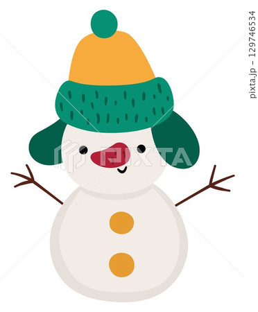 Vector cartoon Christmas snowman in green hat clipart. Cute new year symbol illustration for kids. Winter holiday snow man icon isolated on white background 129746534