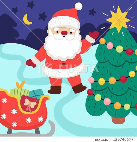 Vector square Christmas village landscape. New Year night scene with Santa Claus, fir tree, sledge with presents. Festive winter holiday background for kids with cute traditional character Vector square Christmas village landscape. New Year night scene with Santa Claus, fir tree, sledge with presents. Festive winter holiday background for kids with cute traditional character 129746577