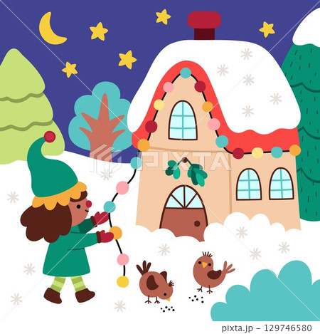 Vector square Christmas village landscape. New Year night scene with elf girl decorating Santa Claus house, fir tree. Festive winter holiday background for kids with cute traditional character Vector square Christmas village landscape. New Year night scene with elf girl decorating Santa Claus house, fir tree. Festive winter holiday background for kids with cute traditional character 129746580