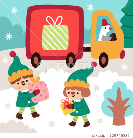 Vector square Christmas village landscape. New Year night scene with elves loading truck with presents. Festive winter holiday background for kids with cute traditional characters, gifts, car 129746582