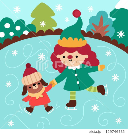 Vector square Christmas village landscape. New Year night scene with elf girl ice with little dog. Festive winter holiday background for kids with cute character teaching puppy ice skating on rink 129746583