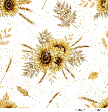Seamless watercolor pattern with Sunflowers, ferns, and wheat. Illustration of fall Flowers for autumn seasonal textiles and rustic surface decoration. Drawing of botanical backdrop for wrapping paper 129746597