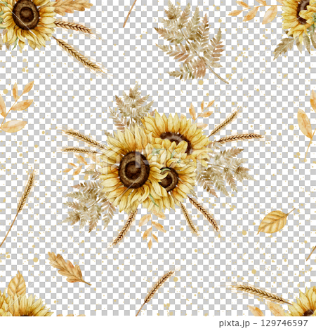 Seamless watercolor pattern with Sunflowers, ferns, and wheat. Illustration of fall Flowers for autumn seasonal textiles and rustic surface decoration. Drawing of botanical backdrop for wrapping paper 129746597