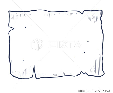 Vector illustration of Paper Sheet or Parchment Map with hand drawn edges and texture. Linear drawing for pirate design or adventure kits. Engraved sketch for treasure maps and navigation projects. 129746598
