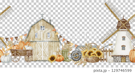Watercolor seamless Border with Rustic barn, pumpkins, windmill, and sunflowers. Autumn illustration with windmill and fence. Art of rural countryside for seasonal invitations or harvest festival card Watercolor seamless Border with Rustic barn, pumpkins, windmill, and sunflowers. Autumn illustration with windmill and fence. Art of rural countryside for seasonal invitations or harvest festival card 129746599