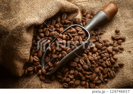 Freshly roasted coffee beans scatter from a burlap sack with a metal scoop resting on top, showcasing a rich coffee harvest 129746657