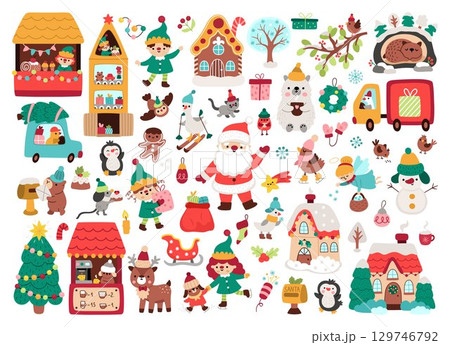 Vector Christmas clipart set. New Year icons collection with Santa Claus, elves, deer, fir tree, presents, houses, animals, snowman. Cute festive illustrations for kids. Winter holiday design pack 129746792
