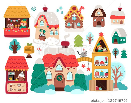 Vector Christmas houses clipart set. Cute New Year winter home icons collection for kid. Holiday illustration with gingerbread cottage, fair, Santa Clause toy fabric, coffee market stall Vector Christmas houses clipart set. Cute New Year winter home icons collection for kid. Holiday illustration with gingerbread cottage, fair, Santa Clause toy fabric, coffee market stall 129746793