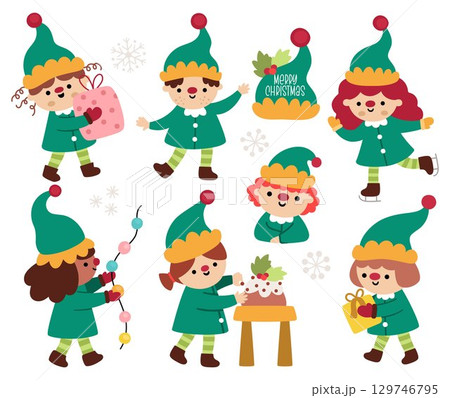 Vector Christmas elf clipart set. New Year elves icons collection with Santa Claus friends. Cute fantasy creatures with presents and garlands. Festive winter holiday dwarf illustrations for kids 129746795