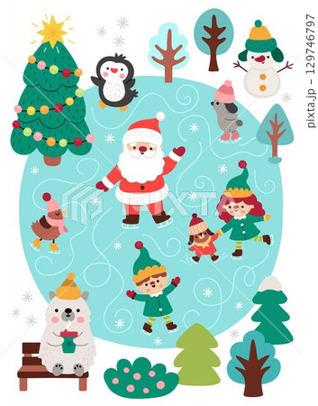 Vector skating rink landscape with Santa Claus, elves, animals, tree, snowman. Christmas village detailed scene with cute winter characters on ice skates. New Year holiday background for kids Vector skating rink landscape with Santa Claus, elves, animals, tree, snowman. Christmas village detailed scene with cute winter characters on ice skates. New Year holiday background for kids 129746797