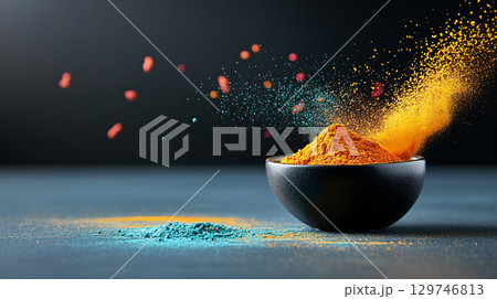 Colorful traditional holi powder. Holi color powder. AI Generated. 129746813