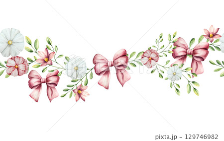 Seamless border with red bow with long ribbon, spring flowers and branch with leaves. Watercolor frame, hand drawn gerbera, chamomile, echinacea illustrations isolated on background, transparent png Seamless border with red bow with long ribbon, spring flowers and branch with leaves. Watercolor frame, hand drawn gerbera, chamomile, echinacea illustrations isolated on background, transparent png 129746982