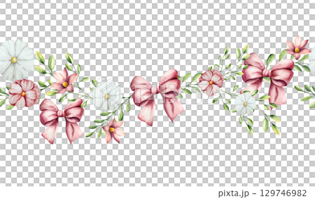 Seamless border with red bow with long ribbon, spring flowers and branch with leaves. Watercolor frame, hand drawn gerbera, chamomile, echinacea illustrations isolated on background, transparent png Seamless border with red bow with long ribbon, spring flowers and branch with leaves. Watercolor frame, hand drawn gerbera, chamomile, echinacea illustrations isolated on background, transparent png 129746982