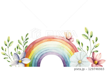 Watercolor hand drawn frame, border with rainbow. Magical clipart with Spring flowers and branches with leaves. Watercolor gerbera, chamomile, echinacea isolated on background, cartoon butterfly 129746983