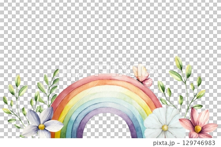 Watercolor hand drawn frame, border with rainbow. Magical clipart with Spring flowers and branches with leaves. Watercolor gerbera, chamomile, echinacea isolated on background, cartoon butterfly 129746983
