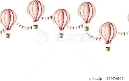Air Balloon with basket and garland of brown and beige flags. Watercolor hand drawn aerostate seamless border, isolated on background, transparent png. Cute illustration. Baby shower design elements Air Balloon with basket and garland of brown and beige flags. Watercolor hand drawn aerostate seamless border, isolated on background, transparent png. Cute illustration. Baby shower design elements 129746984