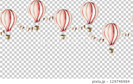 Air Balloon with basket and garland of brown and beige flags. Watercolor hand drawn aerostate seamless border, isolated on background, transparent png. Cute illustration. Baby shower design elements Air Balloon with basket and garland of brown and beige flags. Watercolor hand drawn aerostate seamless border, isolated on background, transparent png. Cute illustration. Baby shower design elements 129746984