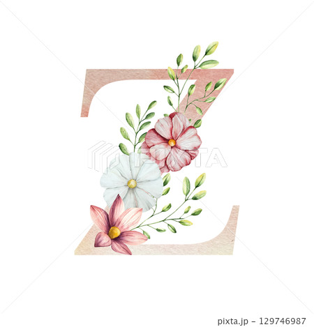 Watercolor letter Z with floral ornament and soft foliage, gerbera, chamomile, echinacea. Delicate hand drawn alphabet, butterfly and botanical elements in elegant. Transparent PNG, perfect for 129746987