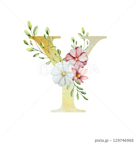 Watercolor letter Y with floral ornament and soft foliage, gerbera, chamomile, echinacea. Delicate hand drawn alphabet, butterfly and botanical elements in elegant. Transparent PNG, perfect for 129746988