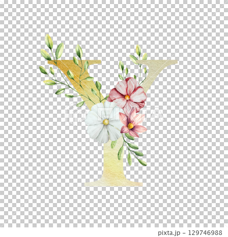 Watercolor letter Y with floral ornament and soft foliage, gerbera, chamomile, echinacea. Delicate hand drawn alphabet, butterfly and botanical elements in elegant. Transparent PNG, perfect for 129746988