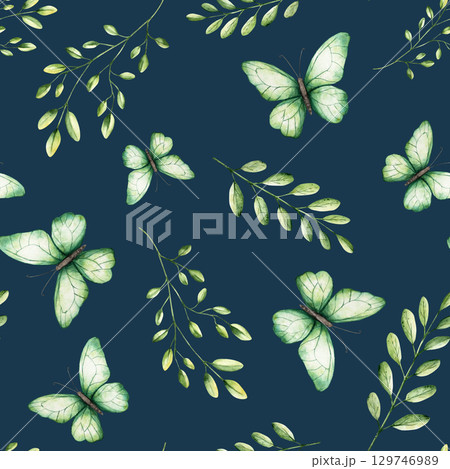 Seamless pattern with beautiful colorful butterflies and spring branches with leaves. Watercolor hand drawn insect clipart isolated on background. Botanical and wedding illustration. Baby shower 129746989