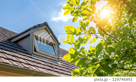 House gable under blue cloud sky. AI Generated. 129746991