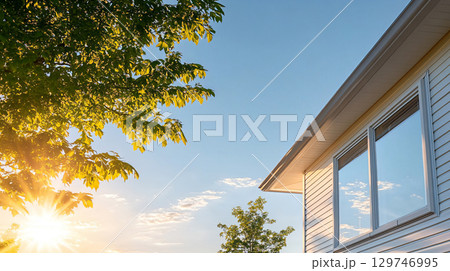 House with bright blue sky. a beautiful sunset. AI Generated. 129746995