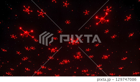 Red drone swarm flying in dark night sky with glowing lights creating futuristic scene 129747086