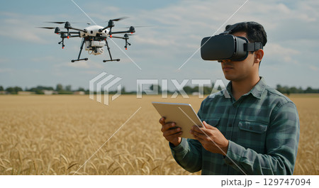 Man wearing virtual reality headset controlling drone with tablet in wheat field Man wearing virtual reality headset controlling drone with tablet in wheat field 129747094