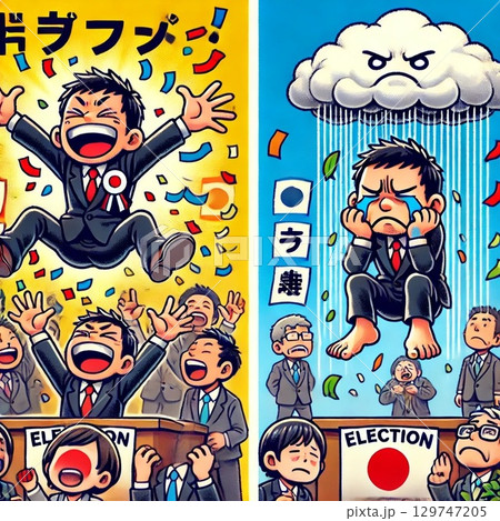 選挙の勝利と敗北を左右で比較したイラスト 選挙の勝利と敗北を左右で比較したイラスト 129747205