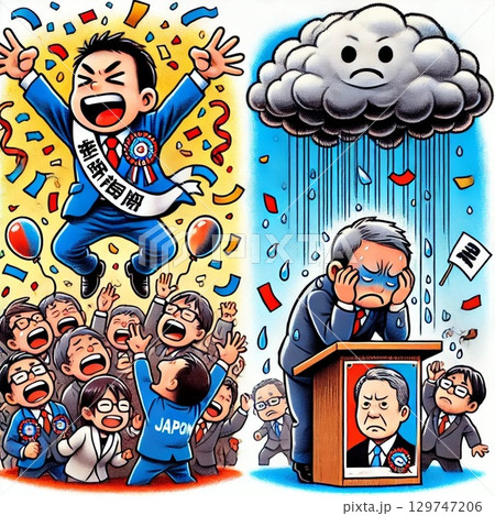 選挙の勝利と敗北を左右で比較したイラスト 選挙の勝利と敗北を左右で比較したイラスト 129747206