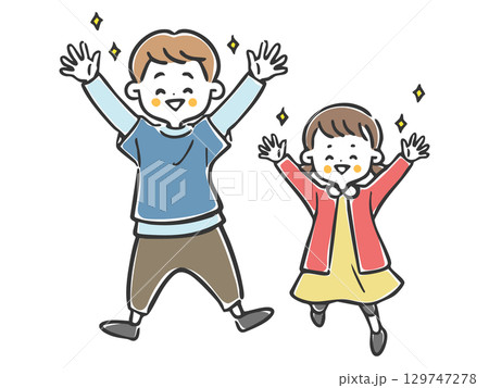 喜んでいる男の子と女の子　全身　ベクター 129747278