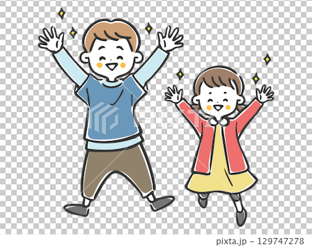 喜んでいる男の子と女の子　全身　ベクター 129747278