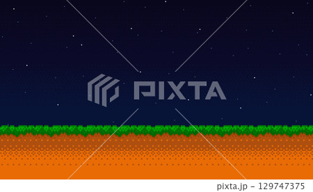 Pixel art background with night horizon, land, grass and sky with stars. Retro 8-bit style arcade game level design. 2D side scroller video game seamless wallpaper. Vector illustration. 129747375
