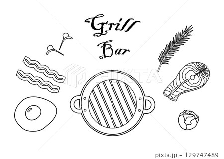 Fried Egg Bacon Strip Greens and Salmon Steak Brussels sprouts and Rosemary twig and Grill Pan Set 129747489