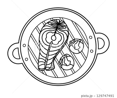 Outline Salmon and Brussels sprouts on Grill pan with grate on bottom Sticker Icon Minimalist Design Outline Salmon and Brussels sprouts on Grill pan with grate on bottom Sticker Icon Minimalist Design 129747491