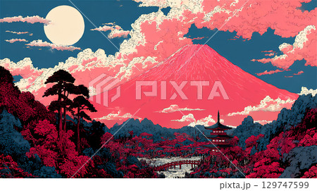 富士山と伝統的な日本の風景のアート 129747599