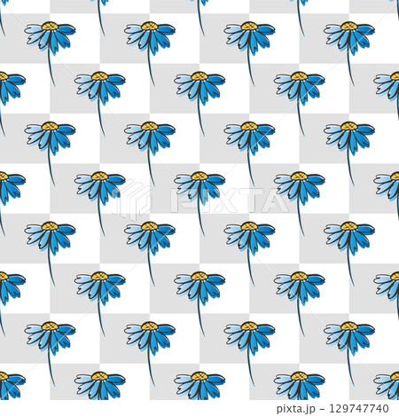 Checkered board, sketch hand drawn line camomile flower abstract seamless pattern. Classical geometrical grid design. Grey white colour palette. Graphic ornamental background. Vector illustration Checkered board, sketch hand drawn line camomile flower abstract seamless pattern. Classical geometrical grid design. Grey white colour palette. Graphic ornamental background. Vector illustration 129747740