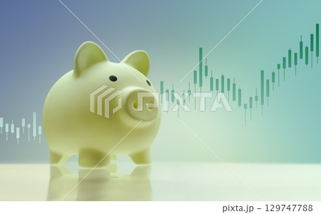 Green Chubby Piggy bank stands with upword Graph Chart. Savings discipline, financial freedom, prosperity, wealth, Smart investment and economic growth 129747788