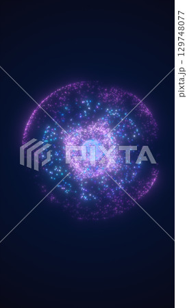 Glowing particle sphere with cosmic energy radiating in violet and blue hues on a dark background 129748077