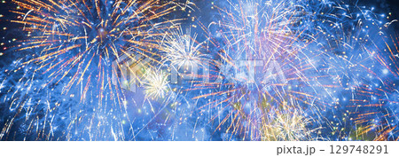 Banner blue Firework celebrate anniversary happy new year 2024, 4th of july holiday festival. Banner blue firework night celebrate national holiday. Countdown new year 2025 festival with copy space 129748291
