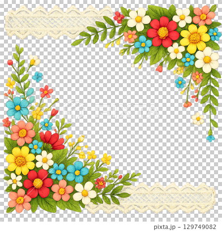 A gorgeous corner frame decorated with lace and colorful small flowers 129749082